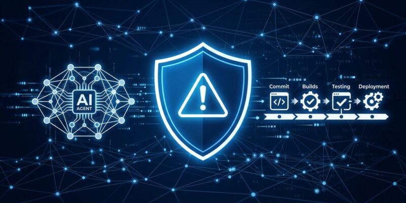 AI agents conducting automated enterprise network breach visualization with blue security shield and neural network nodes