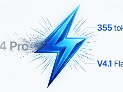 Bold conceptual design showing DeepSeek V4.1 Flash replacing V4 Pro with lightning bolt and speed metrics in blue and white