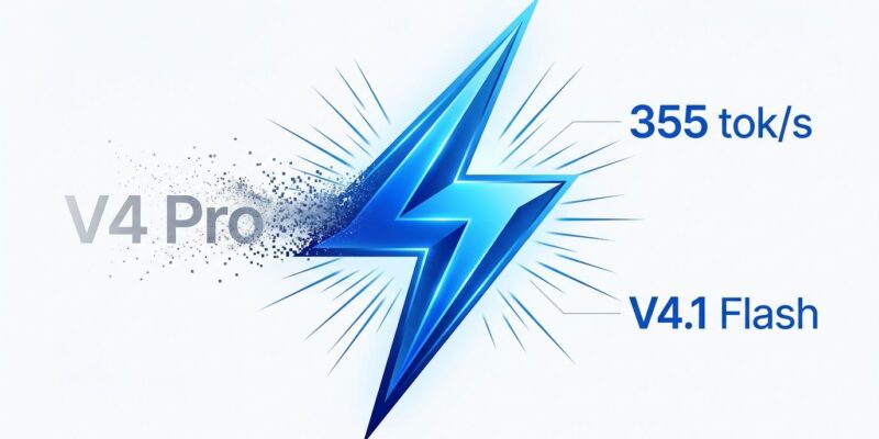 Bold conceptual design showing DeepSeek V4.1 Flash replacing V4 Pro with lightning bolt and speed metrics in blue and white
