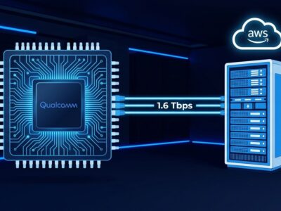 Qualcomm custom AI inference chip connected via 1.6 Tbps fiber optic cables to AWS cloud servers in a data center