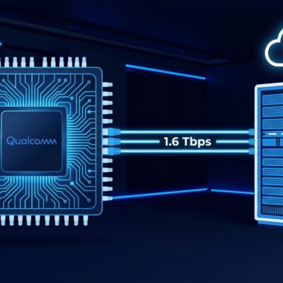 Qualcomm custom AI inference chip connected via 1.6 Tbps fiber optic cables to AWS cloud servers in a data center