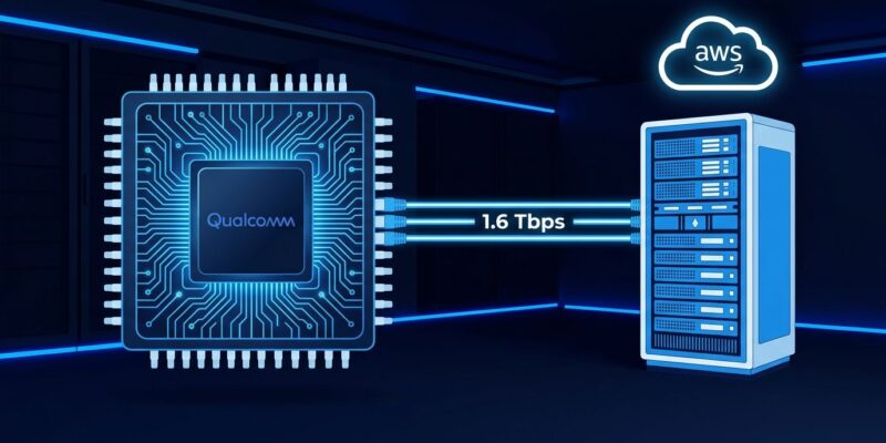Qualcomm custom AI inference chip connected via 1.6 Tbps fiber optic cables to AWS cloud servers in a data center
