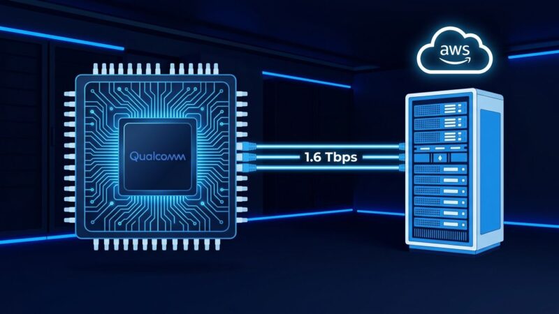 Qualcomm custom AI inference chip connected via 1.6 Tbps fiber optic cables to AWS cloud servers in a data center