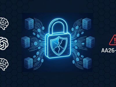 Digital padlock with cracked shield and data streams representing Chinese AI distillation attacks on US frontier models