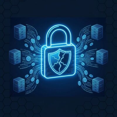 Digital padlock with cracked shield and data streams representing Chinese AI distillation attacks on US frontier models