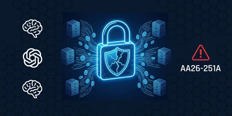 Digital padlock with cracked shield and data streams representing Chinese AI distillation attacks on US frontier models