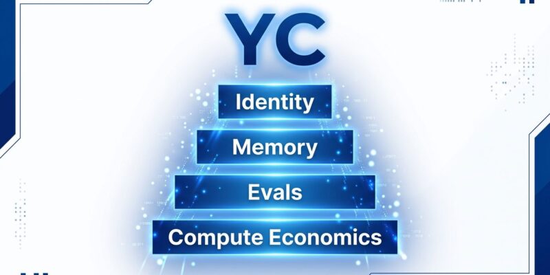 Y Combinator S26 Demo Day 2026 - agent infrastructure stack layers showing identity, memory, evals, and compute economics