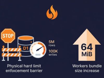 Cloudflare D1 database row limit enforcement diagram with Workers 64 MiB bundle size increase illustration