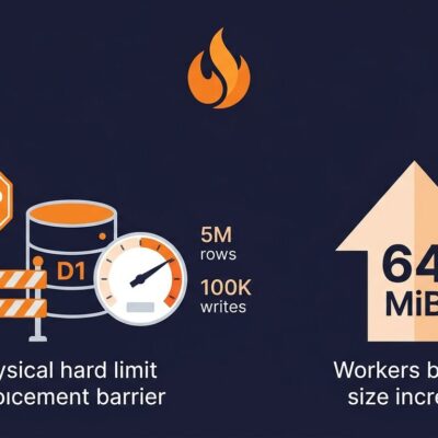 Cloudflare D1 database row limit enforcement diagram with Workers 64 MiB bundle size increase illustration