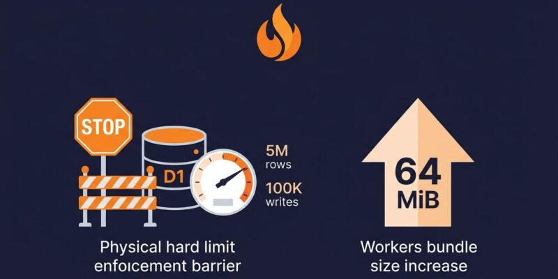 Cloudflare D1 database row limit enforcement diagram with Workers 64 MiB bundle size increase illustration