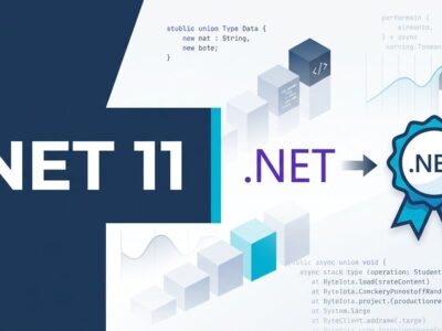 .NET 11 RC1 release banner showing C# 15 union types and runtime-native async going production-ready with blue and white ByteIota brand colors