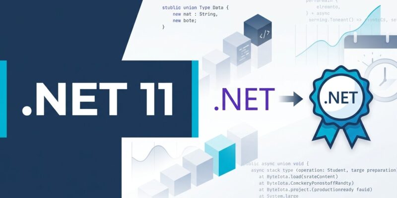 .NET 11 RC1 release banner showing C# 15 union types and runtime-native async going production-ready with blue and white ByteIota brand colors