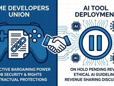 Split-screen illustration showing game controller with union protection symbols on the left and AI circuit board with pause symbol on the right, representing Blizzard's AI bargaining clause