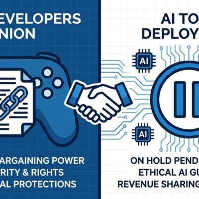 Split-screen illustration showing game controller with union protection symbols on the left and AI circuit board with pause symbol on the right, representing Blizzard's AI bargaining clause