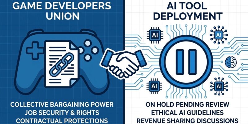 Split-screen illustration showing game controller with union protection symbols on the left and AI circuit board with pause symbol on the right, representing Blizzard's AI bargaining clause