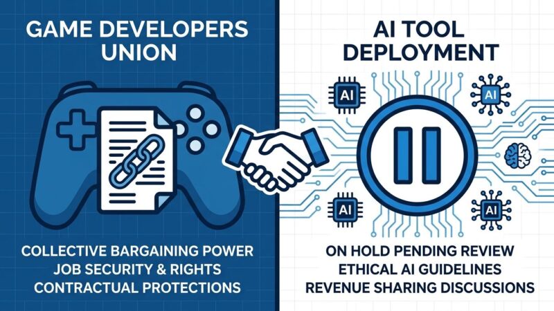 Split-screen illustration showing game controller with union protection symbols on the left and AI circuit board with pause symbol on the right, representing Blizzard's AI bargaining clause