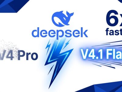 DeepSeek V4.1 Flash model launch with V4 Pro routing to Flash, showing 6x speed improvement and blue lightning bolt design