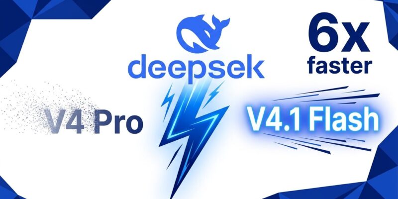 DeepSeek V4.1 Flash model launch with V4 Pro routing to Flash, showing 6x speed improvement and blue lightning bolt design