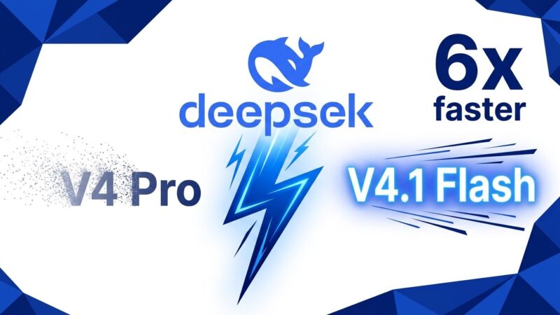 DeepSeek V4.1 Flash model launch with V4 Pro routing to Flash, showing 6x speed improvement and blue lightning bolt design