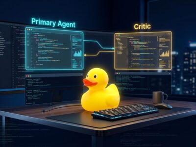 VS Code 1.135 Rubber Duck feature: a yellow rubber duck on a developer workstation with two AI agent panels showing cross-model code review