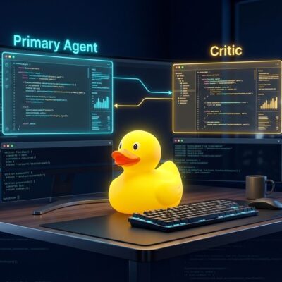 VS Code 1.135 Rubber Duck feature: a yellow rubber duck on a developer workstation with two AI agent panels showing cross-model code review
