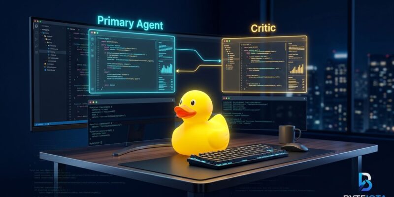 VS Code 1.135 Rubber Duck feature: a yellow rubber duck on a developer workstation with two AI agent panels showing cross-model code review