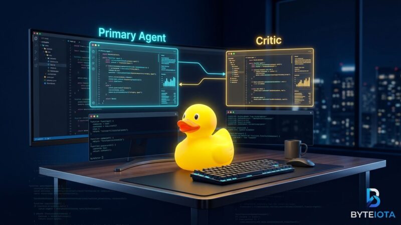 VS Code 1.135 Rubber Duck feature: a yellow rubber duck on a developer workstation with two AI agent panels showing cross-model code review