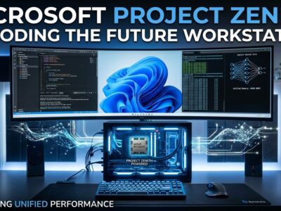 Microsoft Project Zenith developer workstation showing Windows 11 with VS Code and local AI model inference on AMD Ryzen AI Halo hardware