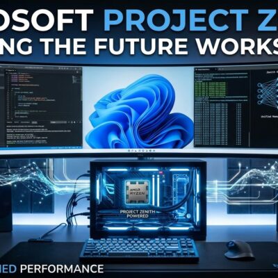 Microsoft Project Zenith developer workstation showing Windows 11 with VS Code and local AI model inference on AMD Ryzen AI Halo hardware