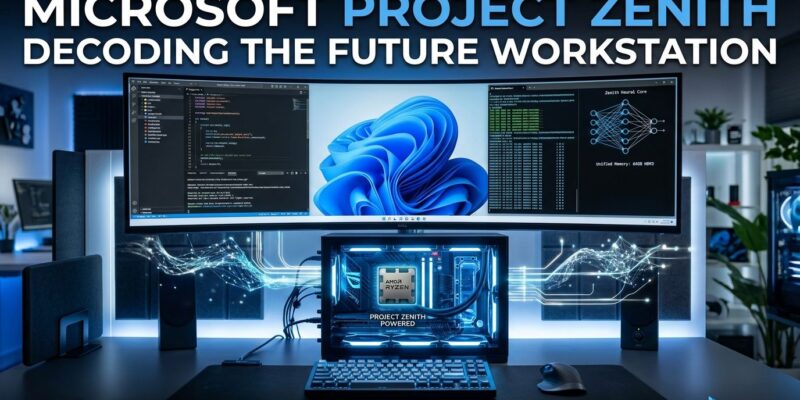 Microsoft Project Zenith developer workstation showing Windows 11 with VS Code and local AI model inference on AMD Ryzen AI Halo hardware