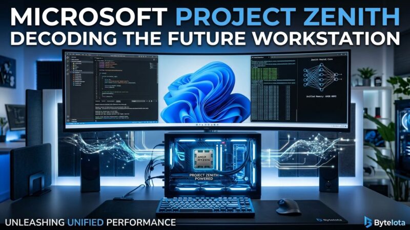 Microsoft Project Zenith developer workstation showing Windows 11 with VS Code and local AI model inference on AMD Ryzen AI Halo hardware
