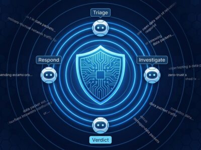 AI-powered security shield with four specialized agent orbs representing triage, investigation, verdict, and response functions in Zscaler Agentic SOC