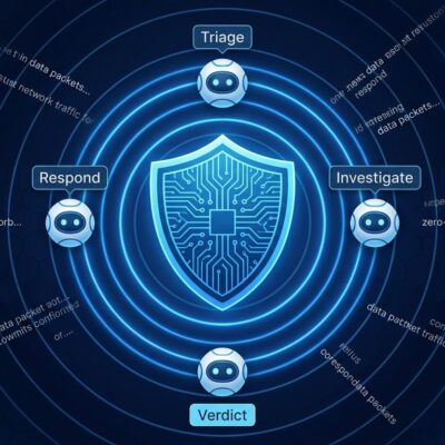 AI-powered security shield with four specialized agent orbs representing triage, investigation, verdict, and response functions in Zscaler Agentic SOC