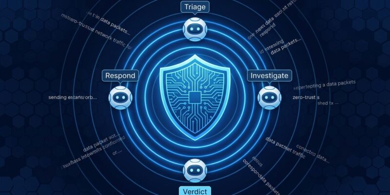 AI-powered security shield with four specialized agent orbs representing triage, investigation, verdict, and response functions in Zscaler Agentic SOC