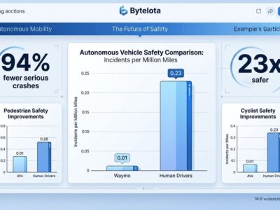 Bar chart comparing autonomous vehicle and human driver crash rates per million miles, showing dramatic safety improvement