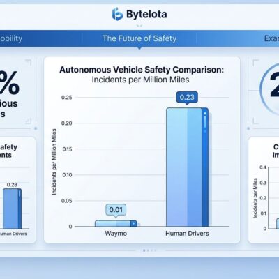 Bar chart comparing autonomous vehicle and human driver crash rates per million miles, showing dramatic safety improvement