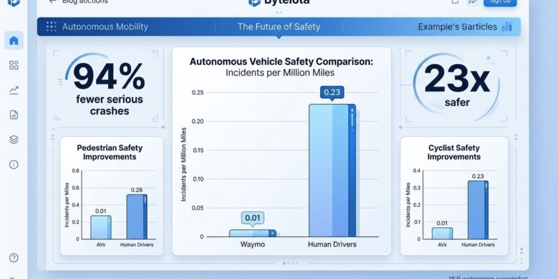 Bar chart comparing autonomous vehicle and human driver crash rates per million miles, showing dramatic safety improvement