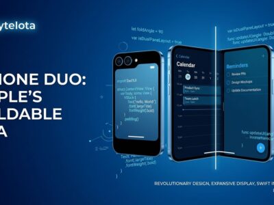 iPhone Duo foldable iPhone showing dual displays with Swift code fragments - developer guide for iOS app adaptation