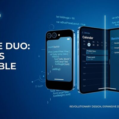 iPhone Duo foldable iPhone showing dual displays with Swift code fragments - developer guide for iOS app adaptation