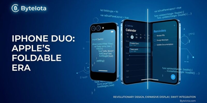 iPhone Duo foldable iPhone showing dual displays with Swift code fragments - developer guide for iOS app adaptation