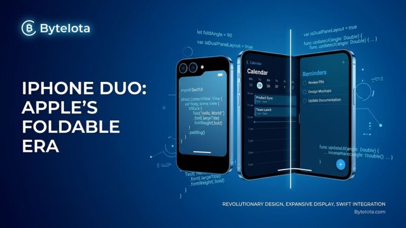 iPhone Duo foldable iPhone showing dual displays with Swift code fragments - developer guide for iOS app adaptation