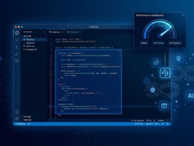 Visual Studio 2026 AI-native IDE with Copilot integration showing code editor with performance metrics and blue glowing interface