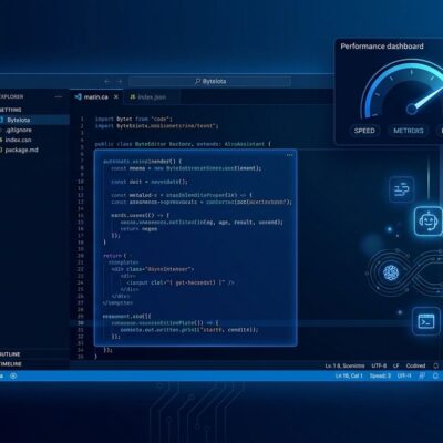 Visual Studio 2026 AI-native IDE with Copilot integration showing code editor with performance metrics and blue glowing interface