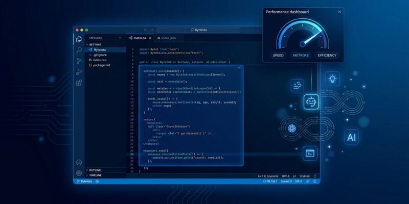 Visual Studio 2026 AI-native IDE with Copilot integration showing code editor with performance metrics and blue glowing interface