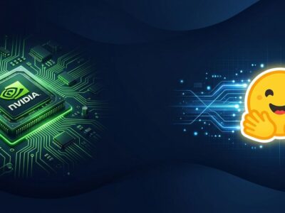 NVIDIA GPU chip connected by data lines to Hugging Face logo representing the 12.93 billion dollar acquisition