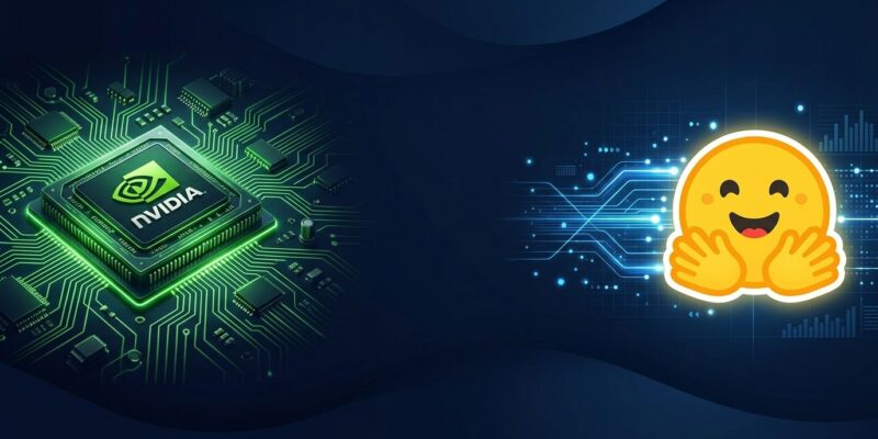 NVIDIA GPU chip connected by data lines to Hugging Face logo representing the 12.93 billion dollar acquisition