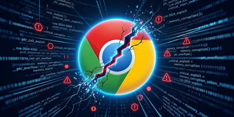 Chrome browser with fractured logo representing V8 zero-day vulnerability CVE-2026-87491 patched in Chrome 153