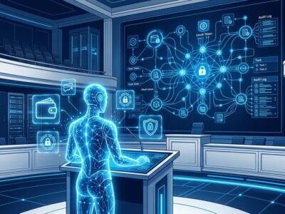 Futuristic digital courtroom showing an AI agent with authorization tokens, OAuth credentials, and audit logs in blue and white ByteIota brand colors