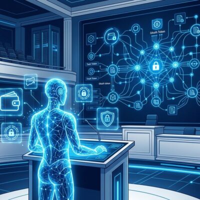 Futuristic digital courtroom showing an AI agent with authorization tokens, OAuth credentials, and audit logs in blue and white ByteIota brand colors