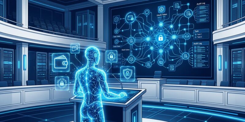 Futuristic digital courtroom showing an AI agent with authorization tokens, OAuth credentials, and audit logs in blue and white ByteIota brand colors